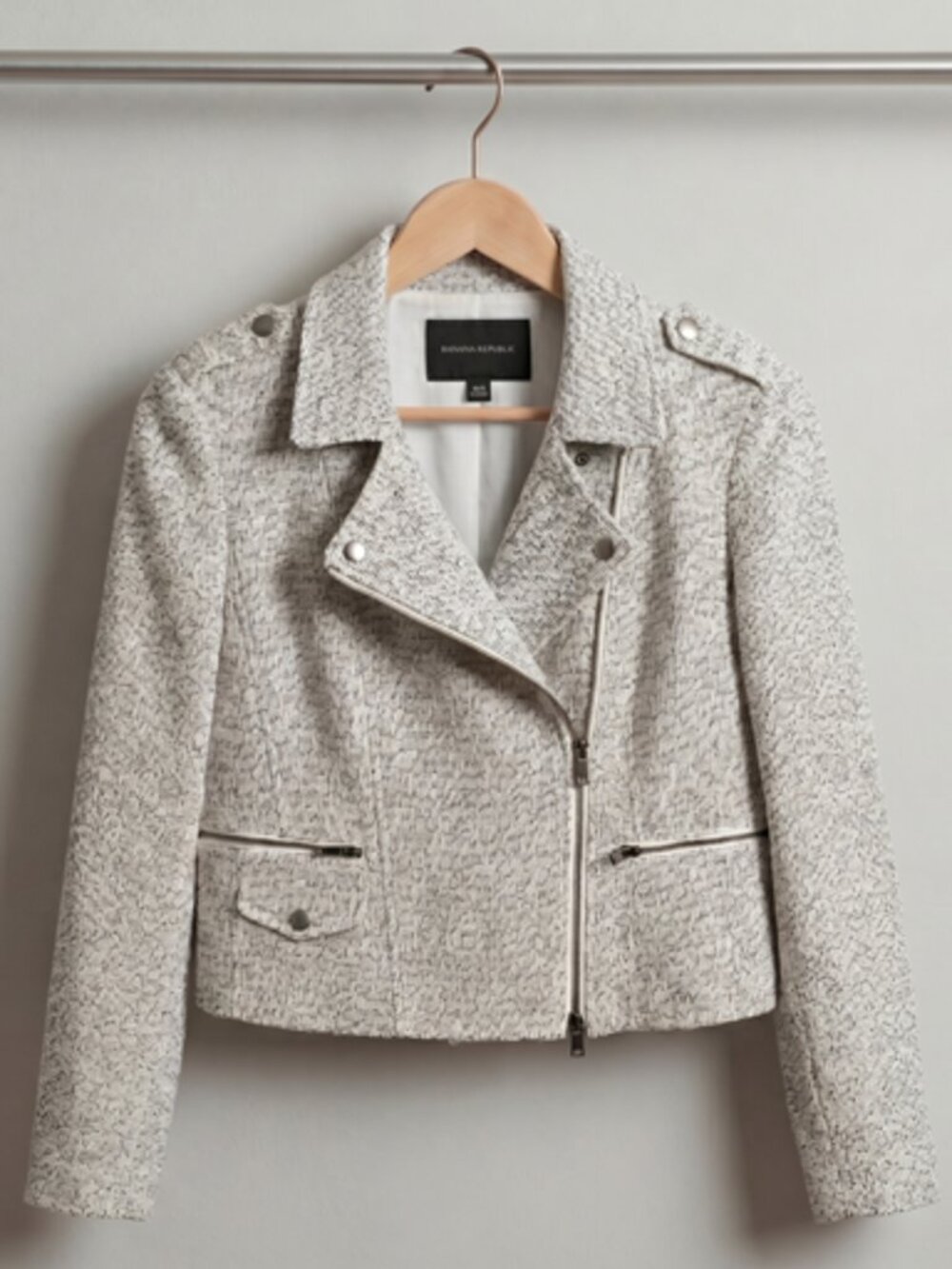 Banana Republic Cropped Tweed Moto Jacket Asymmetrical Textured Grey Tweed Sz 12